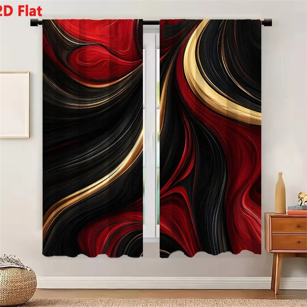 2Pcs Curtains Abstract Swirling Art Featuring Deep Crimson Red Glossy Black And Shimmering Gold Accents Window Drapes for Bedroo