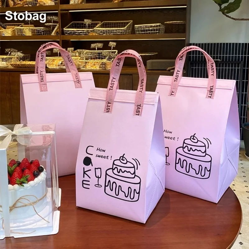 

StoBag 10pcs Pink Non-woven Insulation Tote Bags Fabric for Cake Food Package Keep Warm Cold Delivery Baking Reusable Pouch