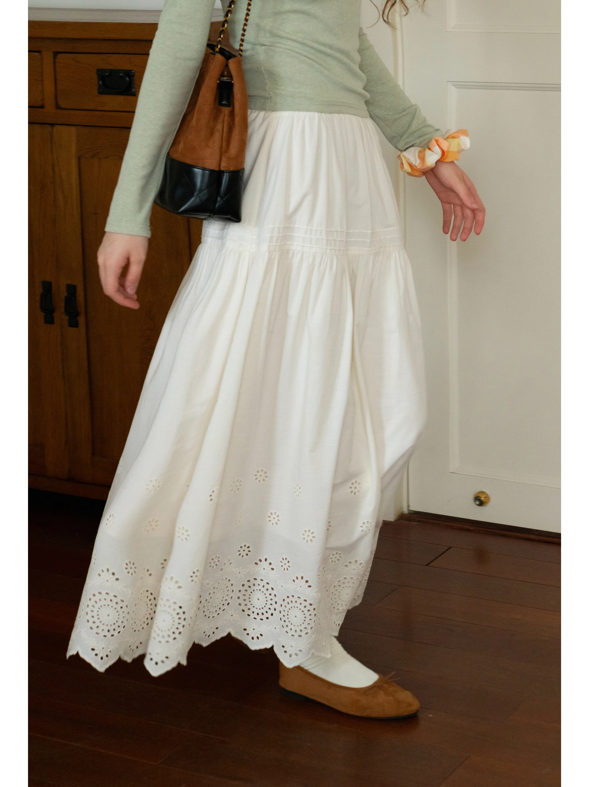 

Eggka корейская Sle ажурная вышивка абрикосовая женская юбка с высокой талией Ele утягивающая юбка-миди трапециевидной формы повседневная хлопковая