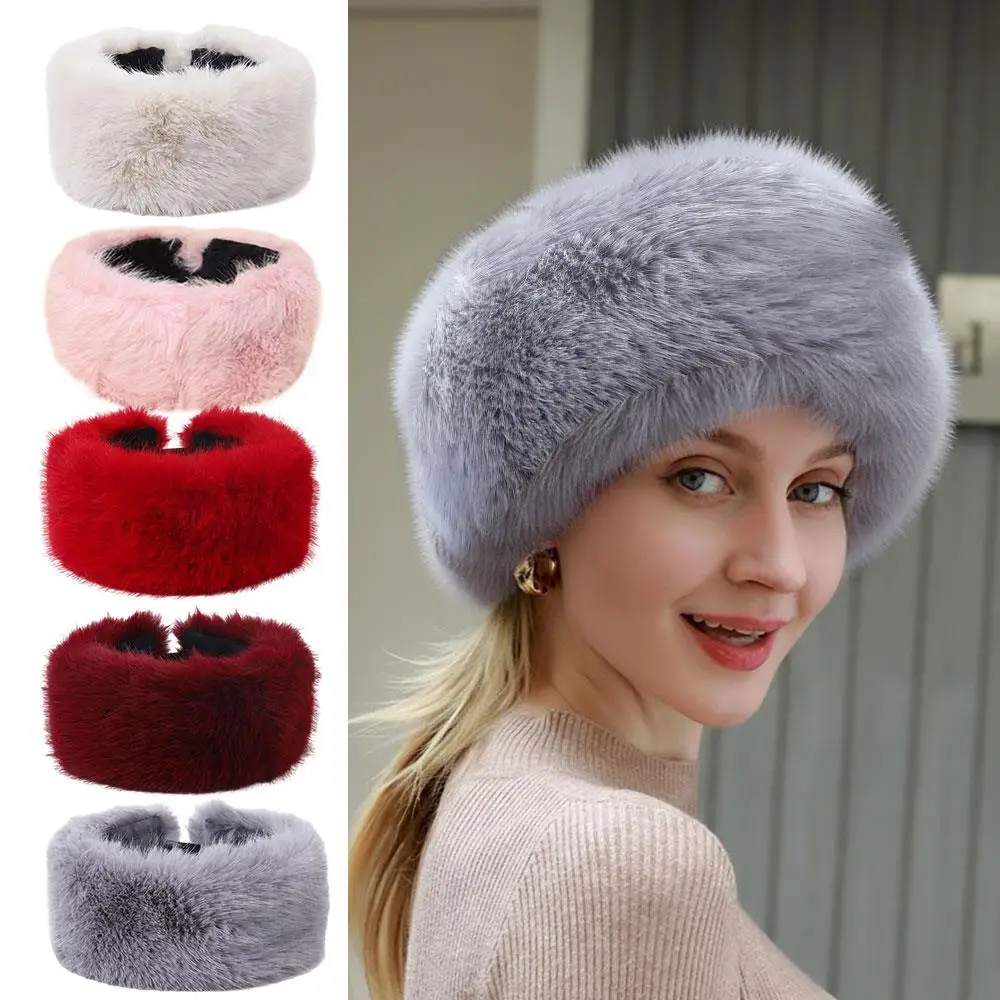 

Fluffy Outdoor Windproof Ski Cap Imitation Fox Fur Elastic Beanies Cap Thicken Plush Brimless Hat Faux Fur Empty Hat Turban