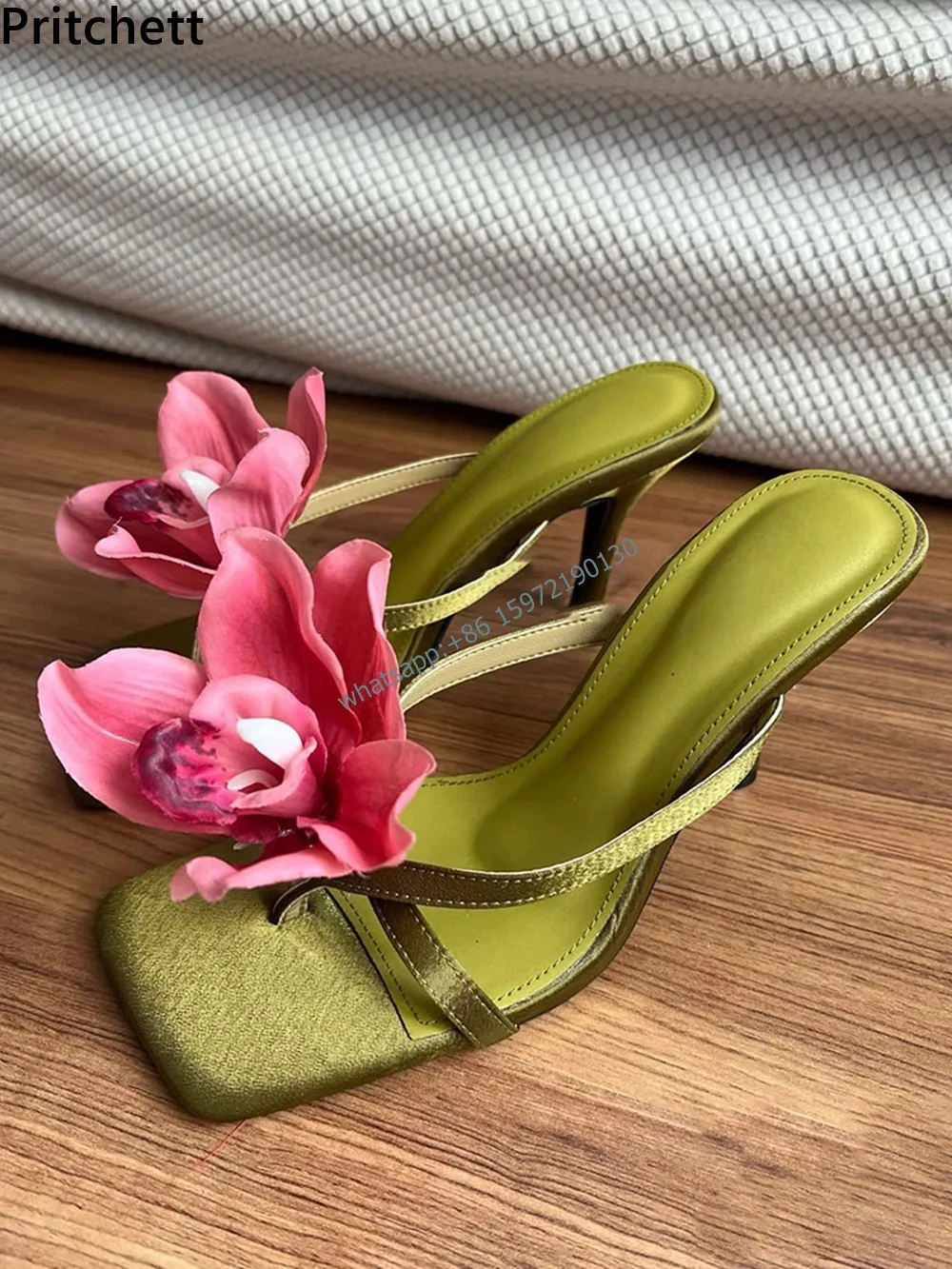 

Satin Gradient Floral Sandals Mixed Color Square Toe Kitten Heels Flip Flop Shoes Fairy Style Niche Fashion Women Shoes 2024