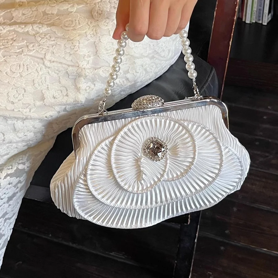 Satin Flower Pleated Clutch Women Boutique Clip Shell Handbag 30CM Pearl Chains Party Evening Bag Crystal Wedding Purse Tote Sac