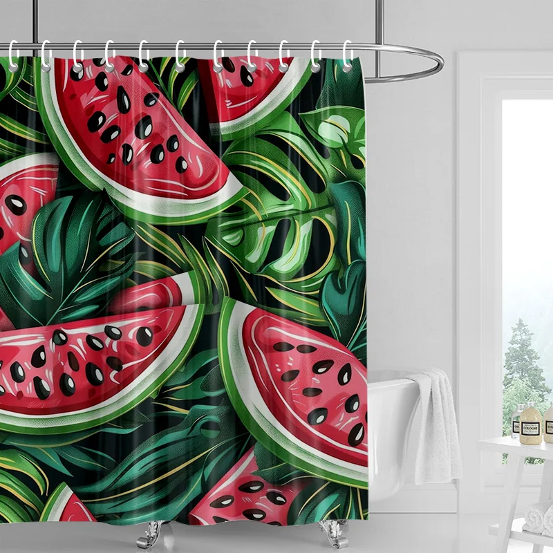 Fun Watermelon-Themed Shower Curtain with Green Leaves, Fresh & Vivid Design, Refreshing Summer Bathroom Vibe, Home Decor