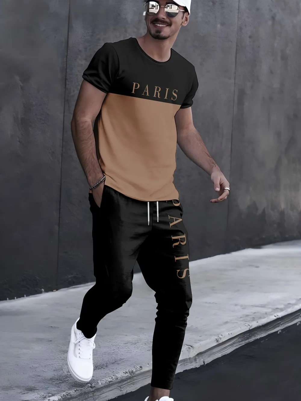 

Summer Men's Fashion Breathable Paris Printed Breathable Comfortable Round Neck T-shirt Pants Set Outdoor Casual Clothing