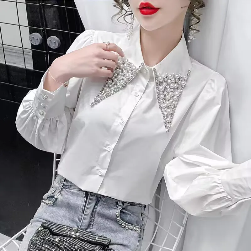 New Spring Summer Women Clothing Beading Doll Collar Shirt 2024 Vintage Blouse Women Longsleeve Dress Shirt Size Woman Overshirt