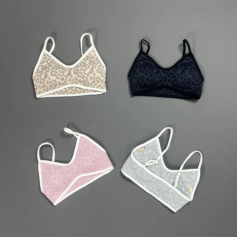 HISTELLO Sports Bra Women Leopard Print Padded Yoga Bra Seamless Ribbed Fitness Workout Top Breathable Quick Dry Gym Sportswear