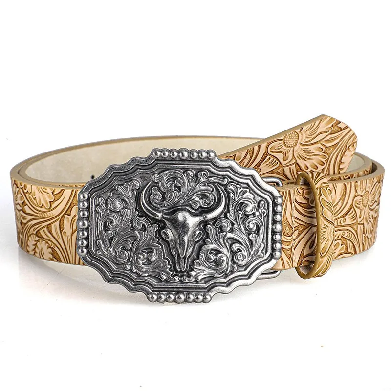 Western Cowboy-Stil Vintage Casual Gürtel - Geschnitzte Ochsenkopf-Schnalle & Bohemian-Print, Perfekt für Tägliche Pendler- und Dating-Outfits – Detail 6