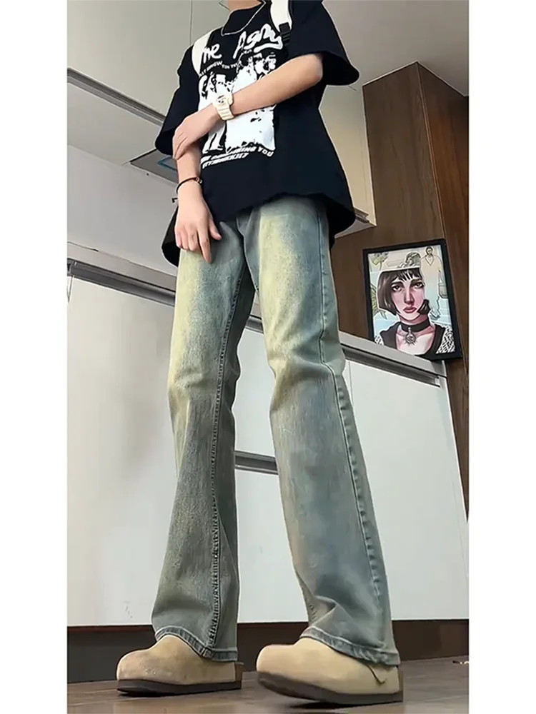 

Retro adient Blue Jeans Men's Straight Leg Slim Fit Cleanfit Pants American High Street Bell Bot Long Trousers