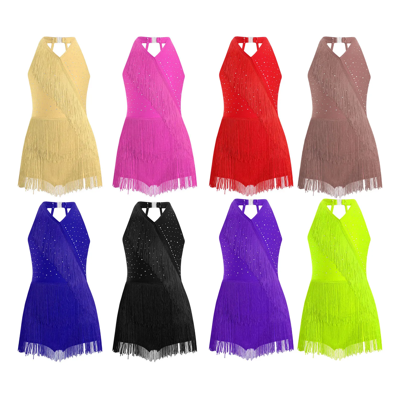 

Kids Girls Latin Leotard Dress Rhinestones Fringe Bodysuit Skirted Dress V-neck Sleeveless Tassel Jumpsuit for Stage Performance