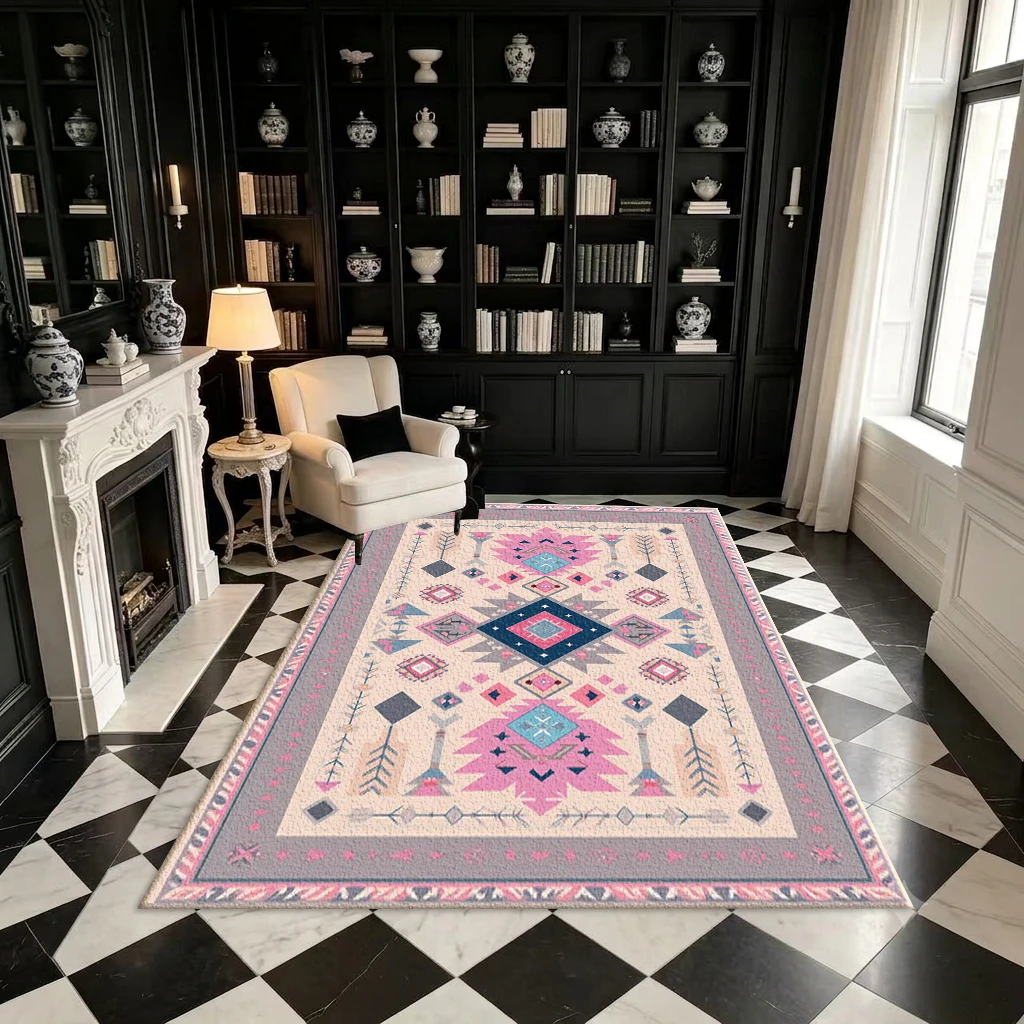 Light Pink and Blue Aztec Tribal Carpet Floor Decoration with Arrow and Diamond Ethnic Prints, Square Carpet Suitable for Bedroom and Living Room Decor