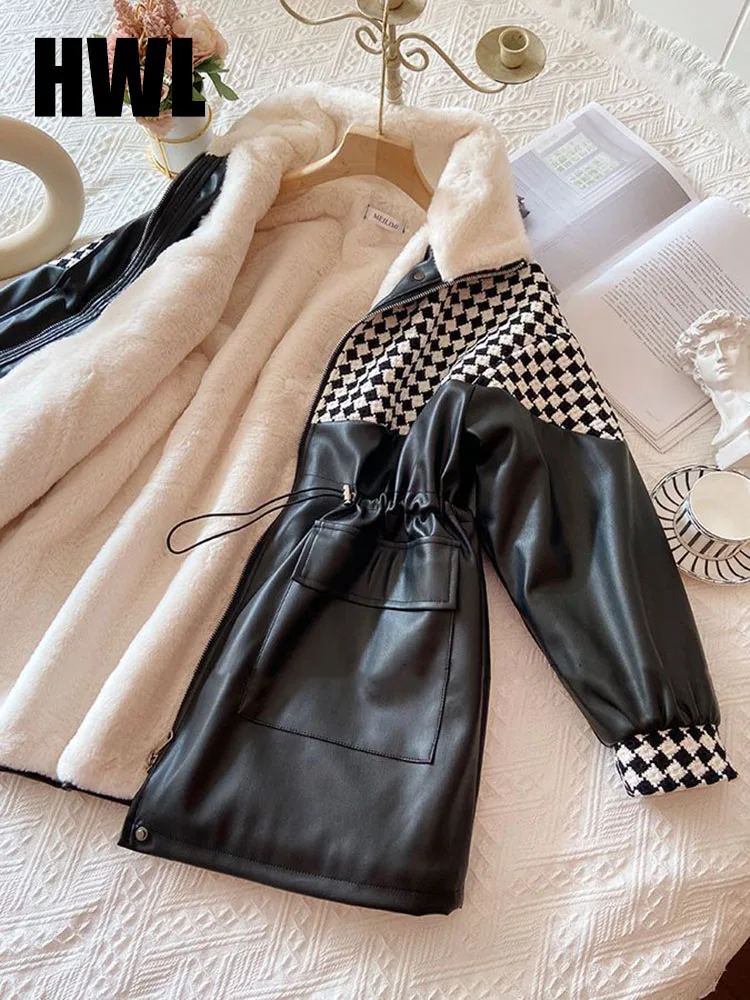 2024 New Winter Sheepskin PU Leather Jacket Women Mid-length Velvet Cashmere Parka Winter Faux Fur Leather Checkerboard Jacket