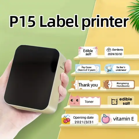 미니 열 라벨 프린터, 휴대용 무선 라벨 프린터, USB 충전 기능, 12x40mm 흰색 라벨 1 롤, P15