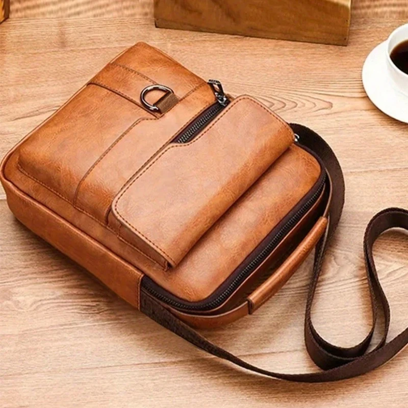 Herren Vintage PU-Leder Umhängetasche, lässige kleine Schulter-Messenger-Tasche mit mehreren Fächern, Handtasche für den täglichen Arbeits- und Reisegebrauch – Detail 3