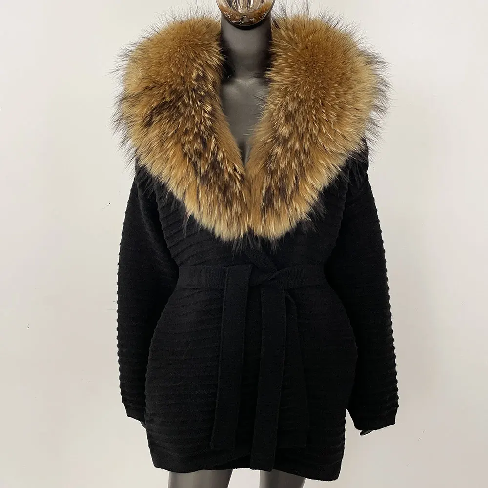 2025 Real Fur Knit Coat Women Winter Real Fox Fur Knitted Oversize Cardigan Decoration Lady Sweater Natural Raccoon Fur Coat