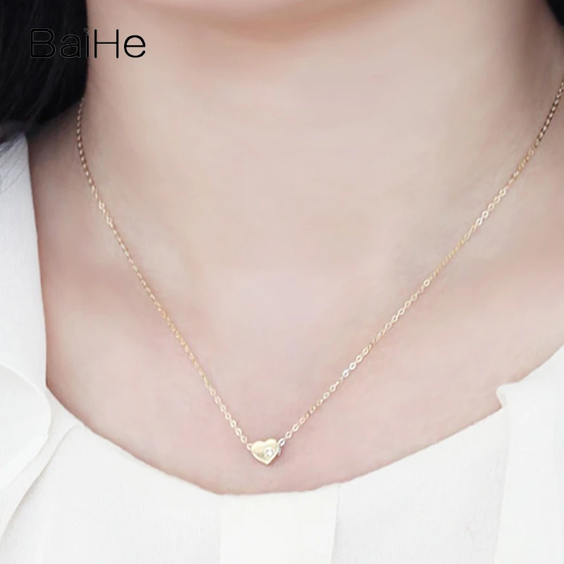 BAIHE Solid 14K Yellow Gold H/SI Natural Diamond Heart Necklace Women everyday wear Fine Jewelry Making হার্ট নেকলেস שרשרת לב