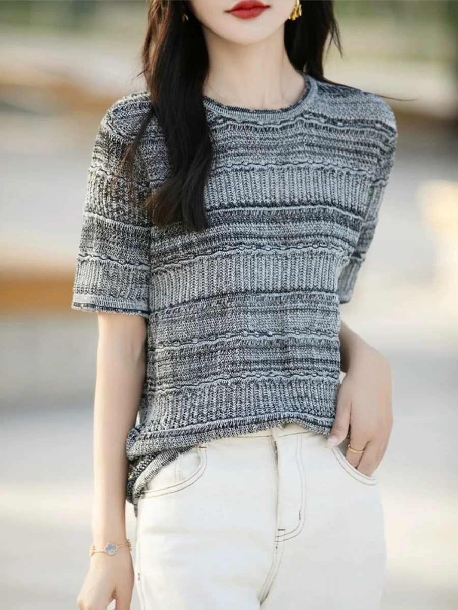 

2024 Summer New Pure Cotton round Ne Knitted ort Sve T-irt Women's Retro Hollow out Knitted Base irt Commute Sle