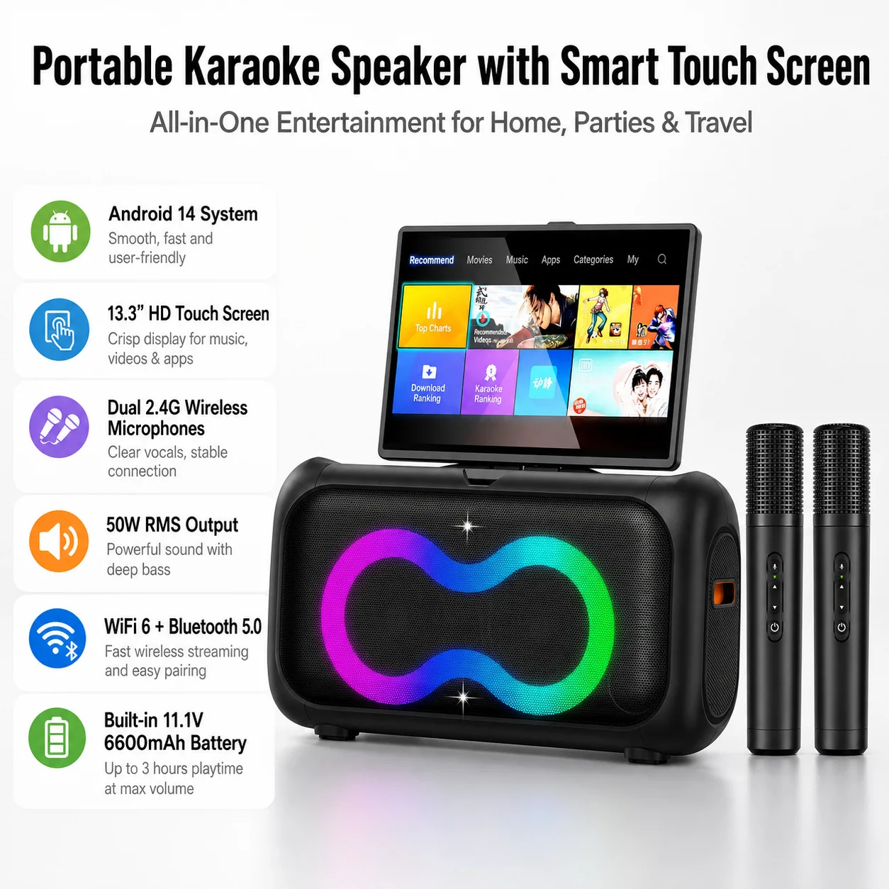 Portable Outdoor Smart Home Theater Karaoke Speaker with Touchscreen and Bluetooth