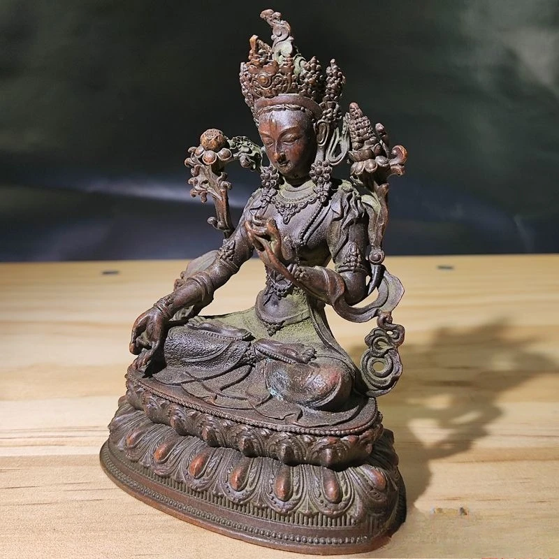 Antique Buddha Statue Home Living Room Office Decoration Figurines Retro Brass Chinese Tibetan Green Tara Buddha Statue