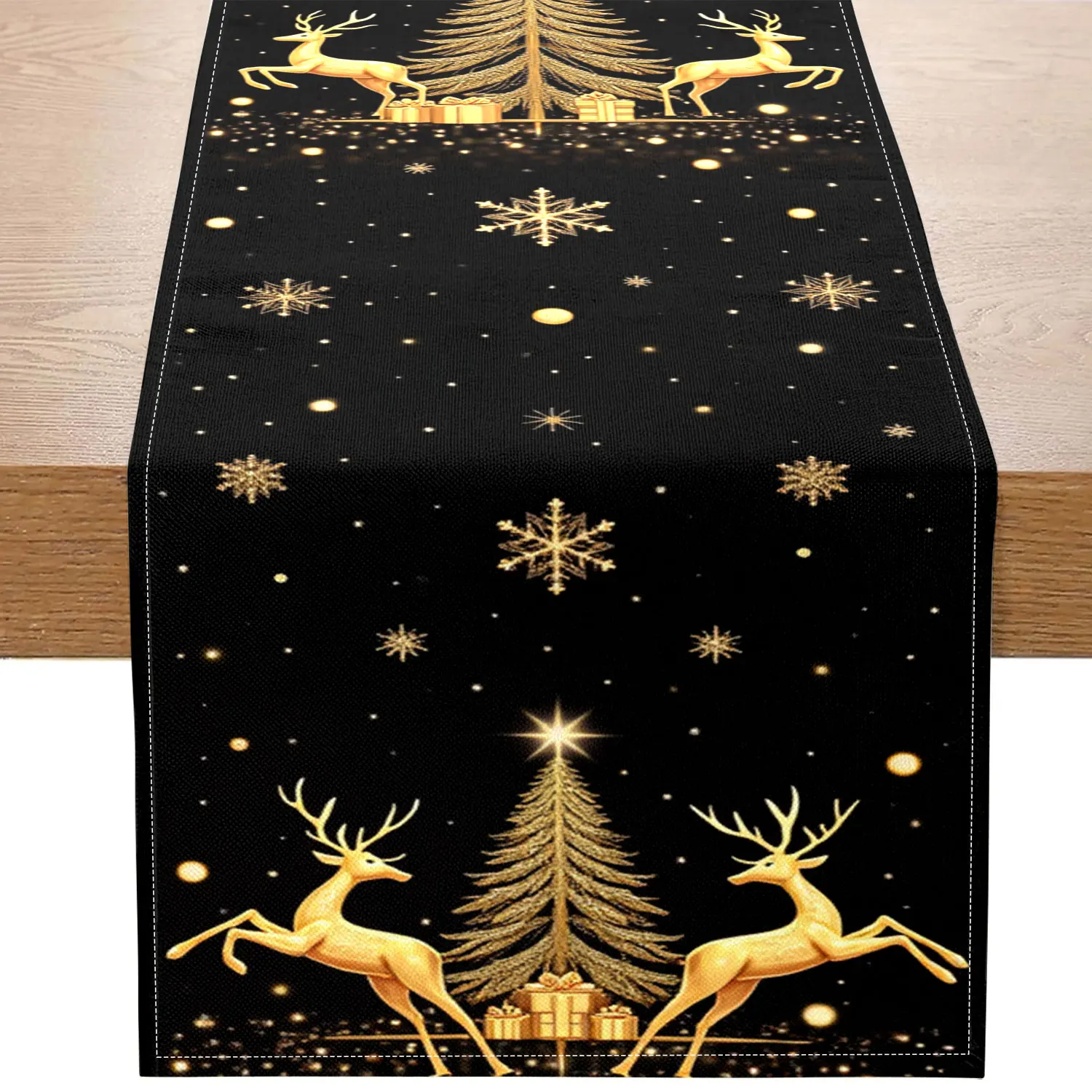 1 Piece of Golden Christmas-Themed Table Runner, Featuring Christmas Trees, Reindeer, Snowflakes, and Gifts as Main Motifs, Suitable for Christmas Parties, Family Holiday Decorations, and Other Occasions