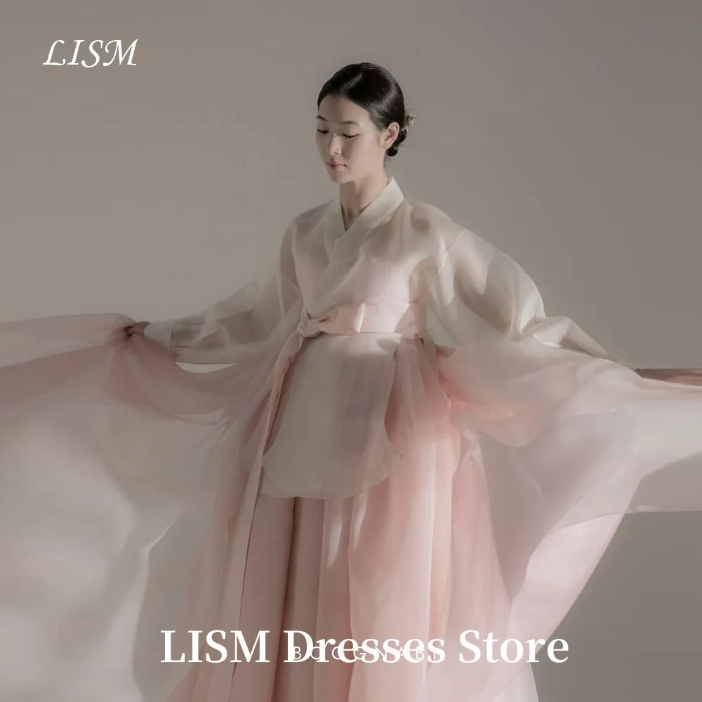 

LISM Vintage Pink Korea Wedding Dresses Photo Shoot Soft Organza Floor Length Korea Traditional Wedding Dress 웨딩드레스 Customized