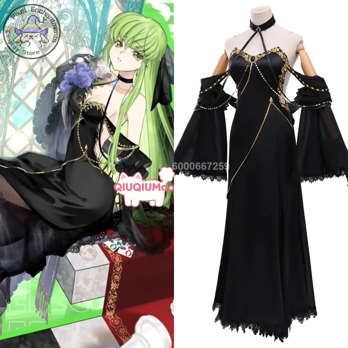 

Code Geass Cosplay Costume Anime C.C. Role Playing Uniform Fashion Black Gown for Women Adult Comic Con Halloween Party Dress