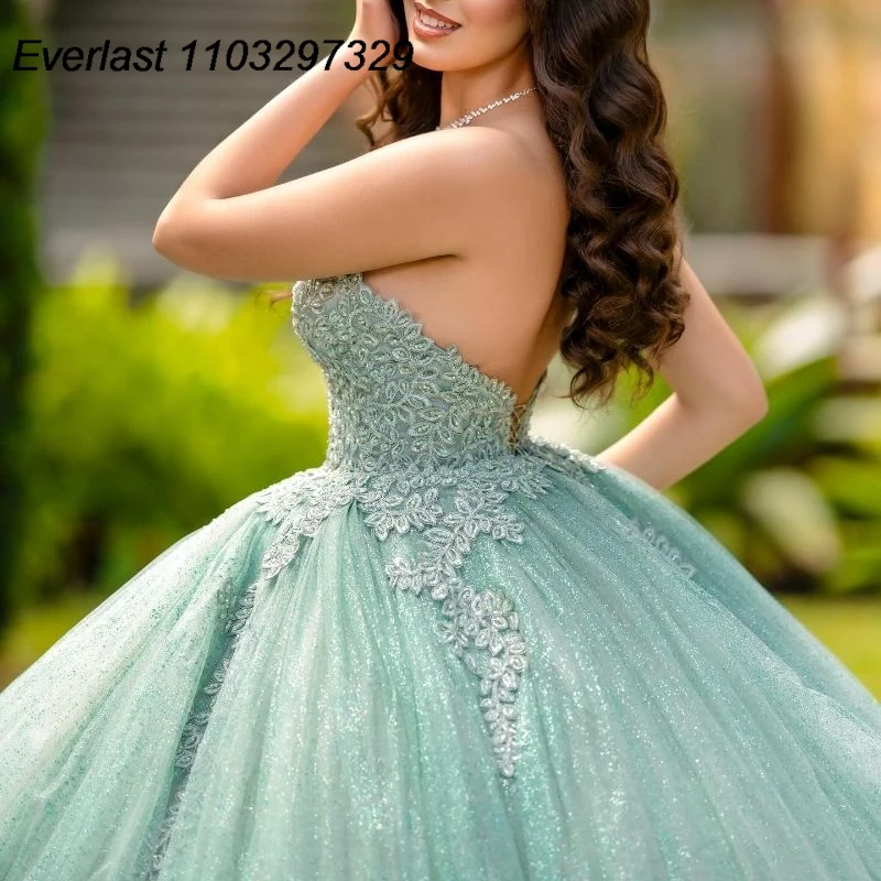 EVLAST Vestido De quinceañera De salvia brillante, Vestido De baile, apliques De encaje con cuentas fuera del hombro, corsé De tul dulce 16, 15 años, TQD527