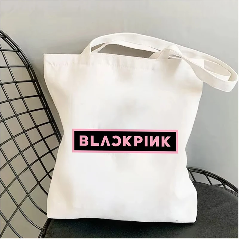 Pink Black Canvas Bag for Women Shopper Cartoon Handbag Storage Reusable Black White Teen Korean Girl Group Shoulder Tote Bag