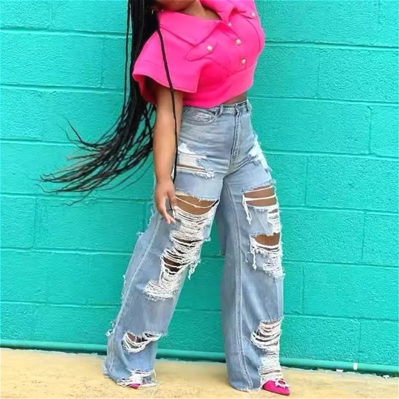 Women Denim Pant Jeans Vintage Hole Long Pants High Waist Straight Trousers Y2k Streetwear Elegant Splice Work Casual Sexy 2026