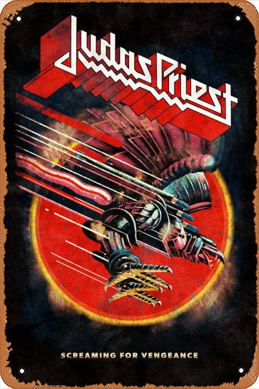 Letrero de metal retro Judas Priest Screaming for Vengeance, letrero de hojalata vintage, estilo cómico, letreros divertidos, cine de cine de cine, Man Cav