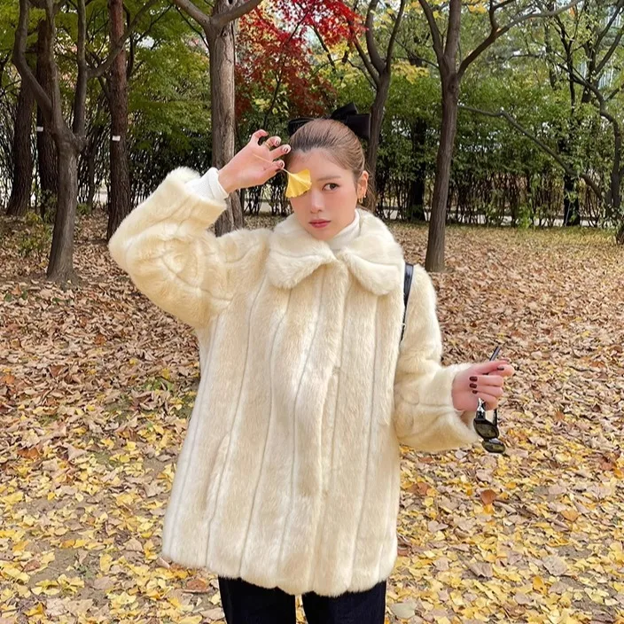 Zimowy płaszcz damski w stylu japońskim, pluszowy, modny, luźny, wyszczuplający, miękki, ciepły, gruby, ze sztucznego futra, kurtka futrzana, nowość 2025.