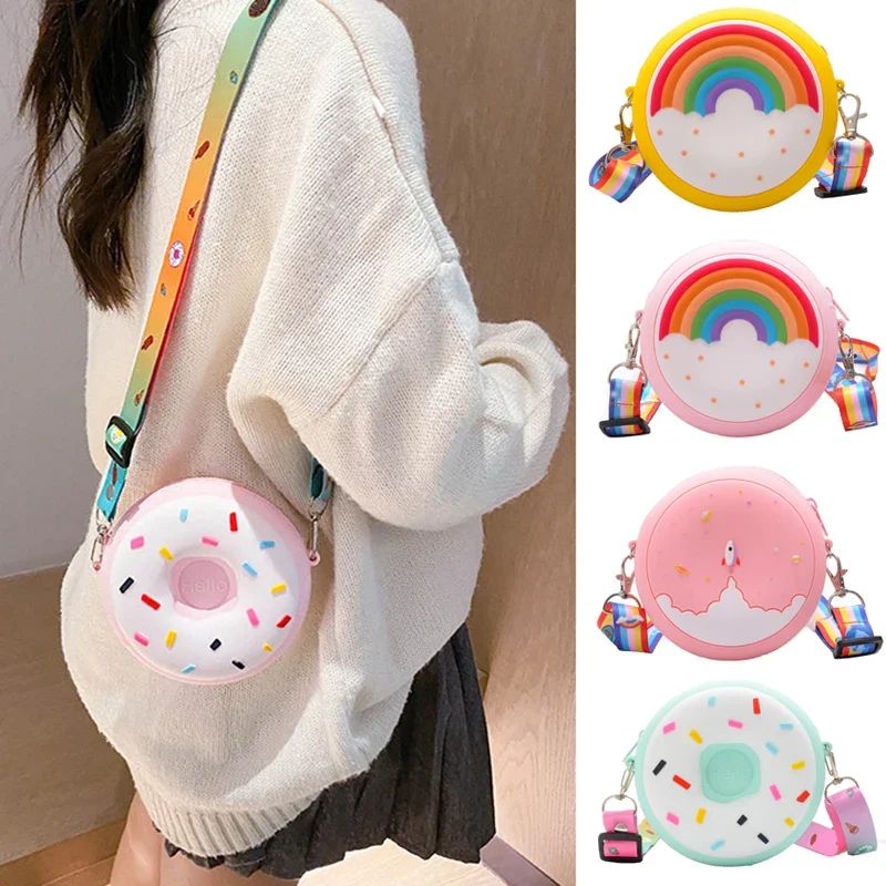 Bolso cruzado redondo con forma de Donut para niño y niña, correa ajustable de hombro con bandolera, paquete de bolsillo con estampado de arcoíris para viajes y vacaciones