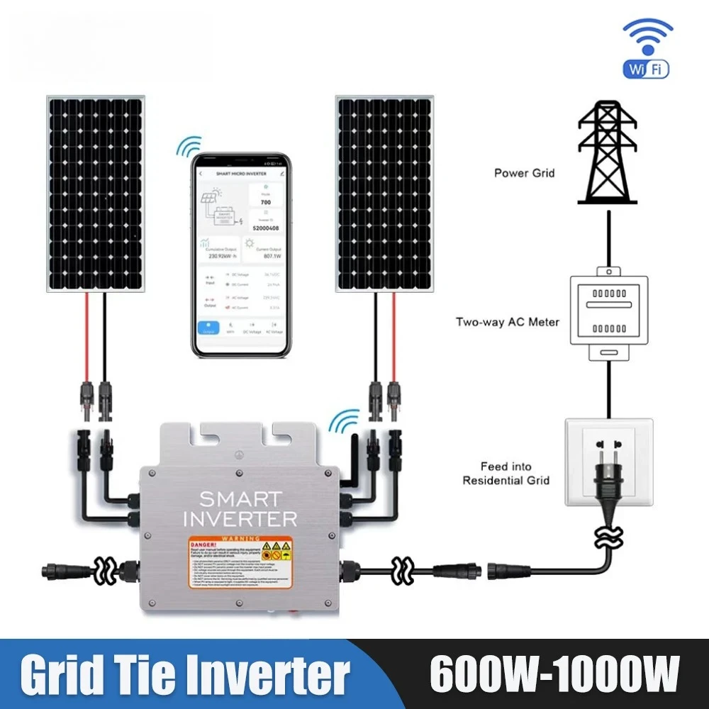 MPPT 1KW 800W 600W Grid Tie Micro Solar Inverter 20-60VDC Input WiFi IP65 Output 120V/230V Home Grid Compatible Solar Power