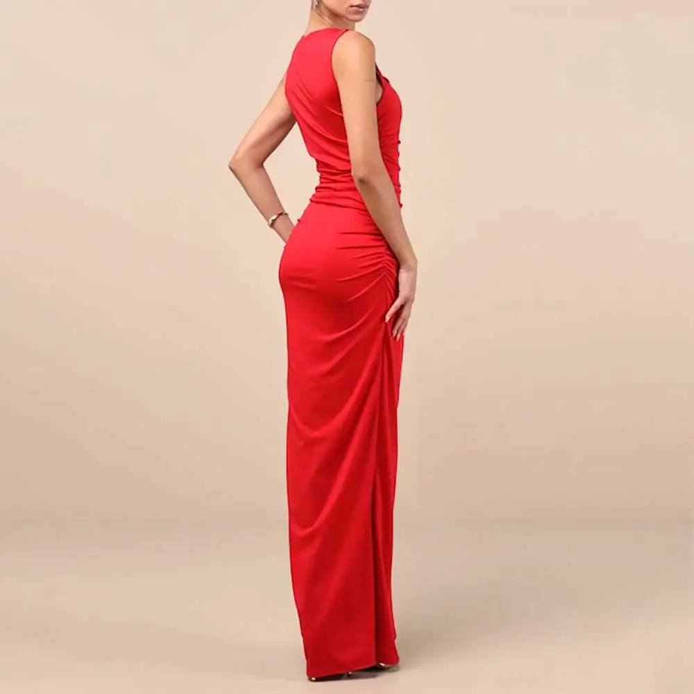 Elegant Square Neck Sleeveless Pleated Side Slit Evening Dress Prom Party Dress Bridesmaid Gowns Wedding Guest Dress فساتين سهرة