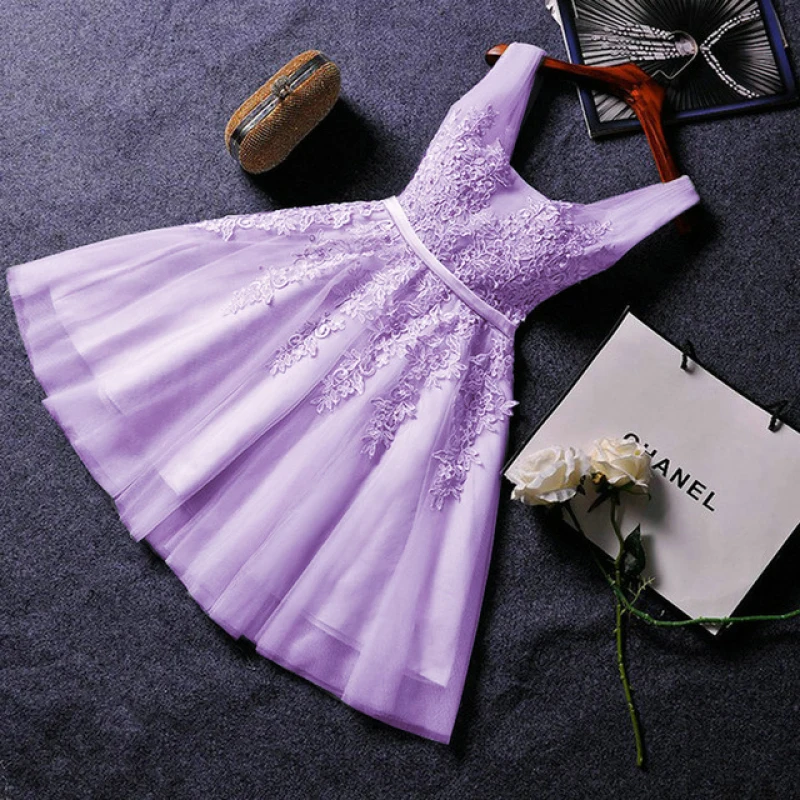 Vestidos curtos de baile, personalizados, apliques, sem mangas, até o joelho, tule, convidado do casamento, vestido de festa, roxo lilás