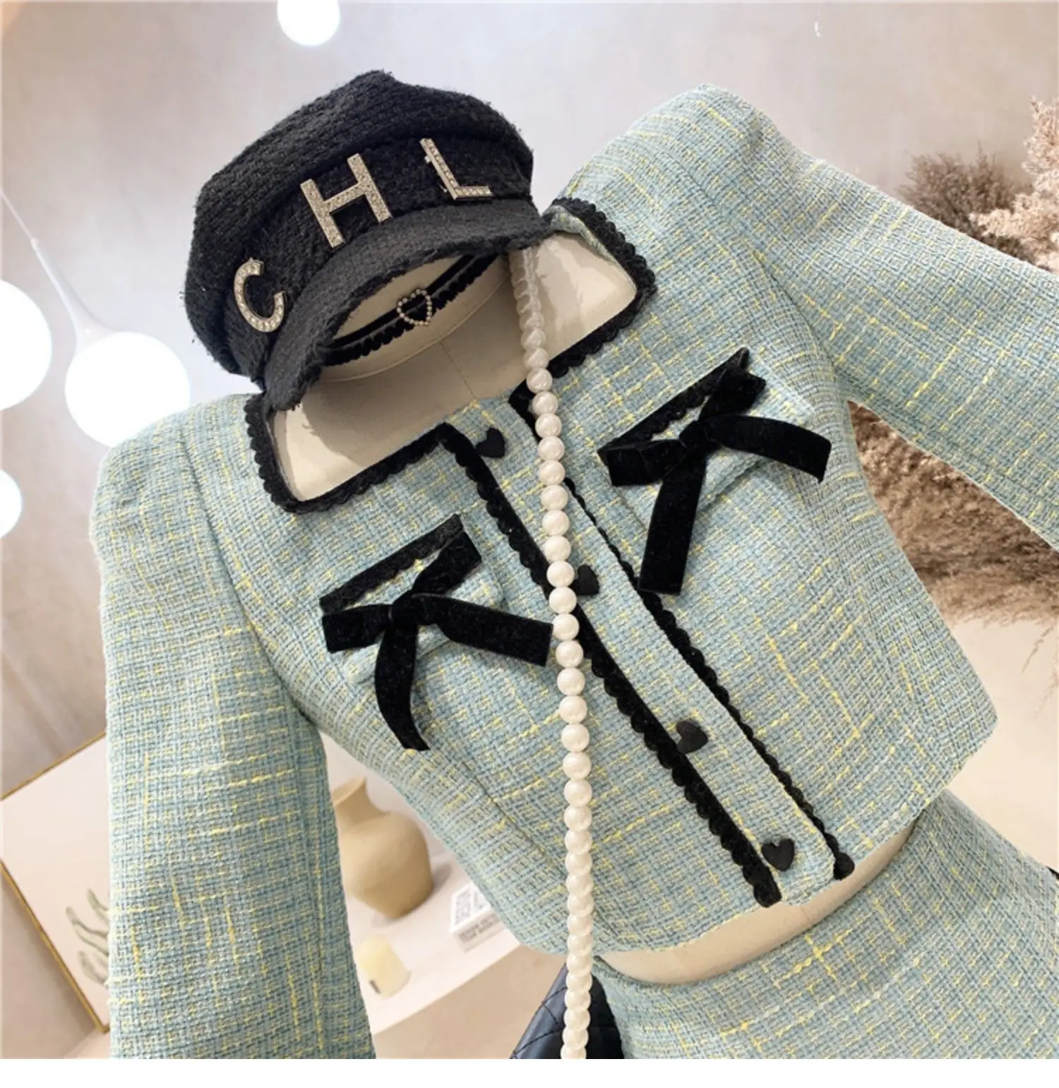 Small Fragrance Tweed 2 Piece Set Women Bow Short Jacket Coat + Skirt Suits Sweet Outfits Vintage Small Fragrance Two Piece Sets