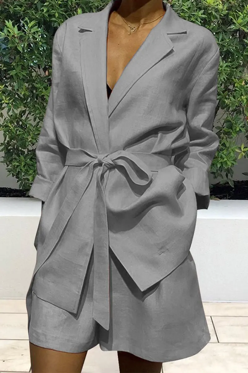 Vrouwen Lange Mouw 2 Stuks Sets Casual Blazer Kraag Jas Tops Zakken Korte Broek 2024 Herfst Mode Pak Dames Outfits