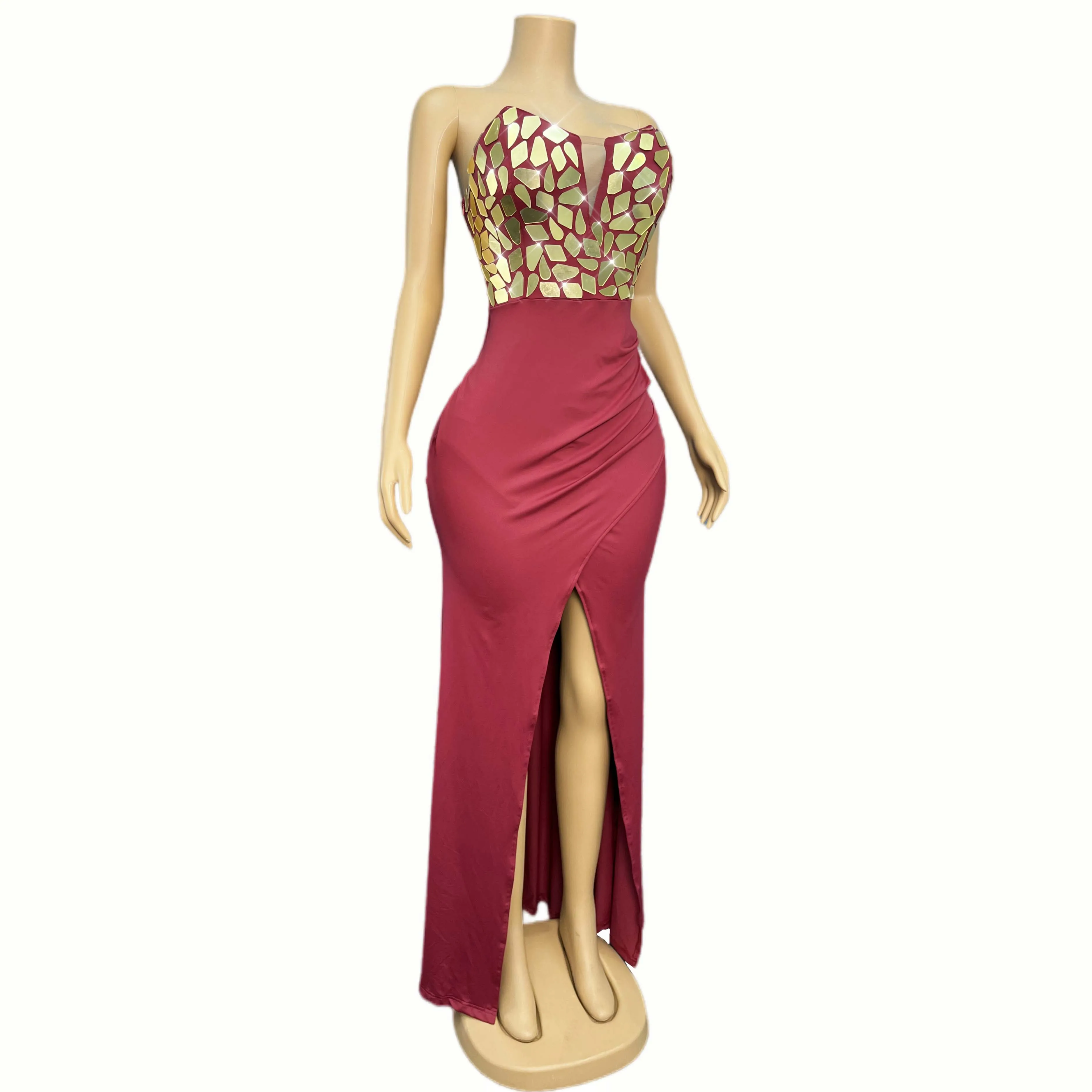 Nouveau haut de gamme brillant or miroirs haute fente Tube robe Cocktail fête de mariage robe de soirée tapis rouge spectacle tenue élégante LIjin