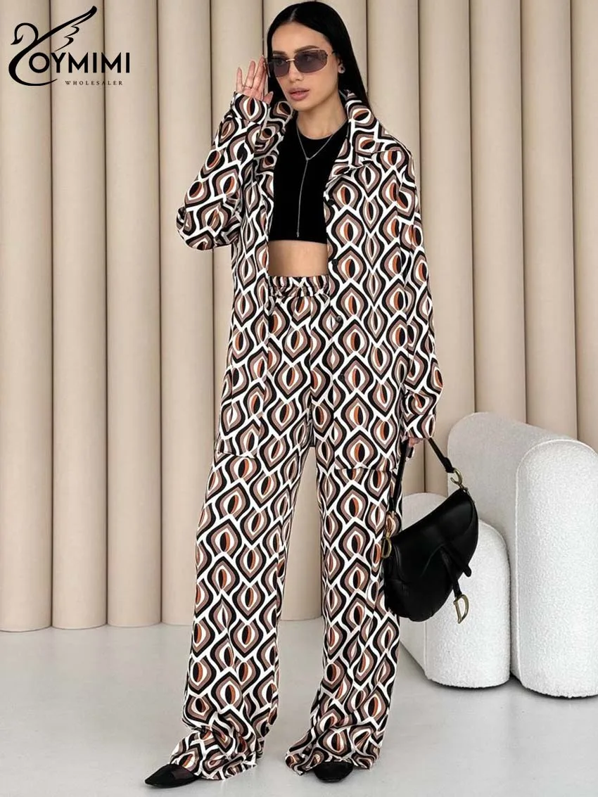 Oymimi Fashion Brown Print Two Piece Set For Women Elegant Lapel Long Sleeve Button Shirts And High Waisted Straight Pants Sets