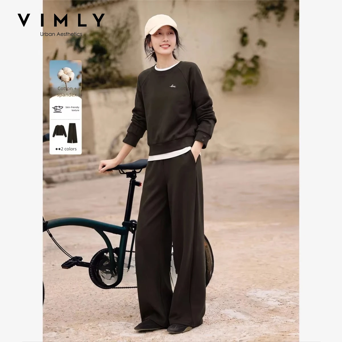 VIMLY Casual Sports Two-piece Set 2026 Autumn Commuter Purple Round Neck Sweatshirt Straight Baggy Pants Matching Outfit A7651