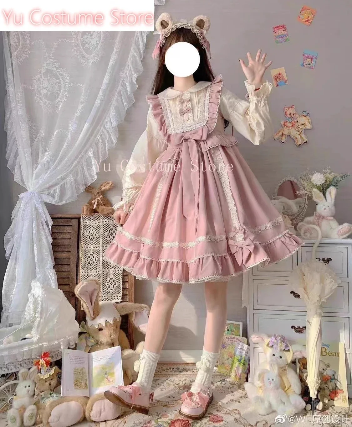 

Original Lolita Pink Long-sleeved Dress Women's Cute Sweet Girls Kawaii Big Bow Ruffle Edge Fake Two Pieces Princess Dress 2025