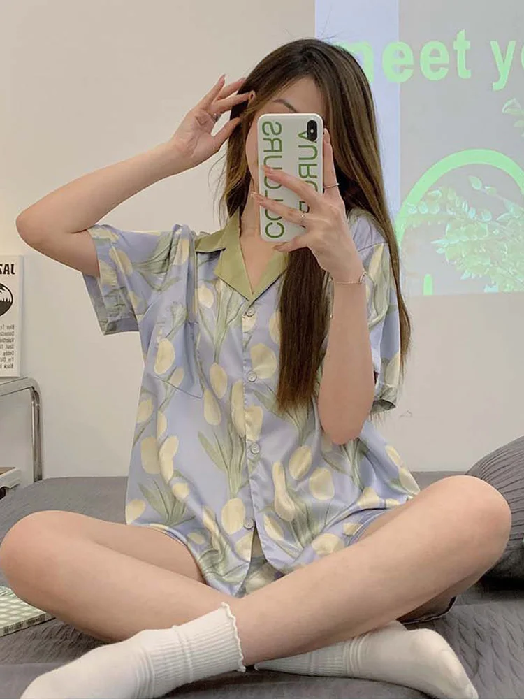 

Женские пижамные комплекты из 3 предметов, летние свободные пижамы с принтом, изящные, шикарные, милые, женские, винтажные, гладкие, новые, повседневные, ночные, для дома, модные