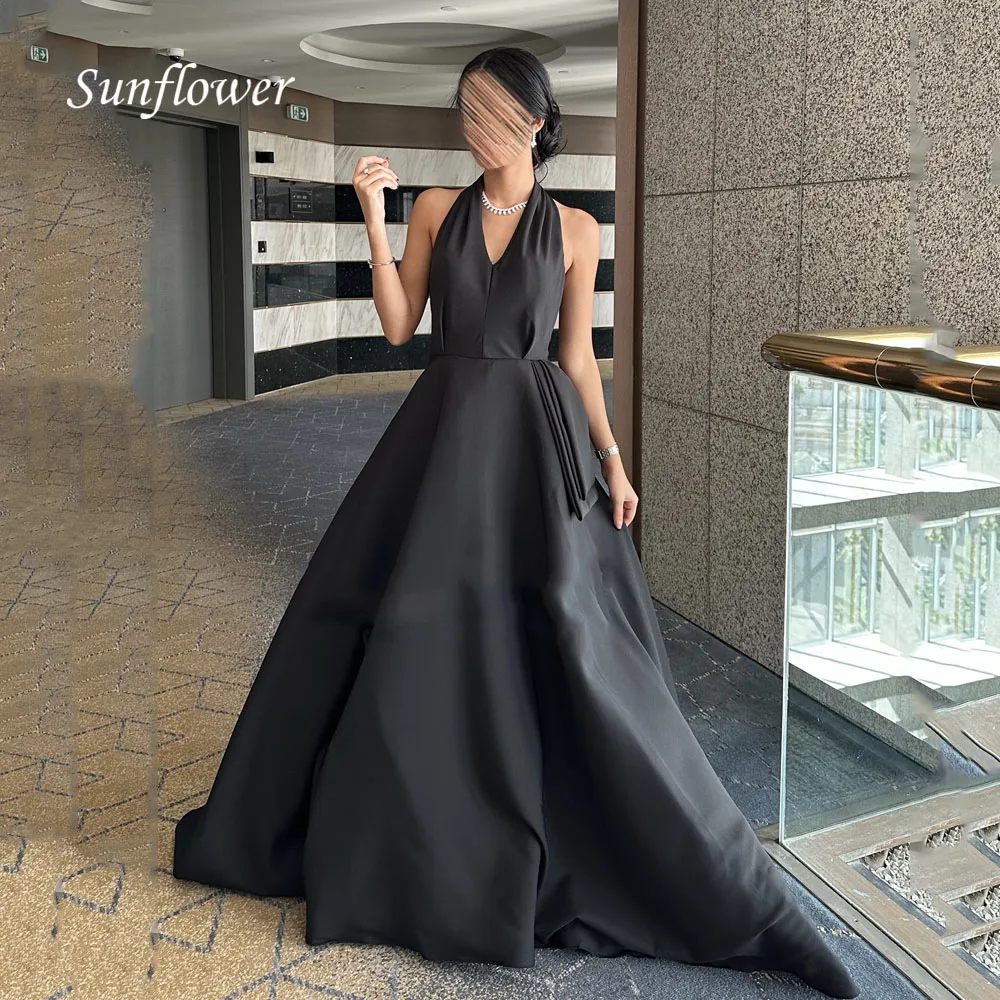 Sunflower Black V-Neck Satin A-LINE Formal Evening Dress Halter Slim Backless Floor-Length Prom Dress فساتين السهرة