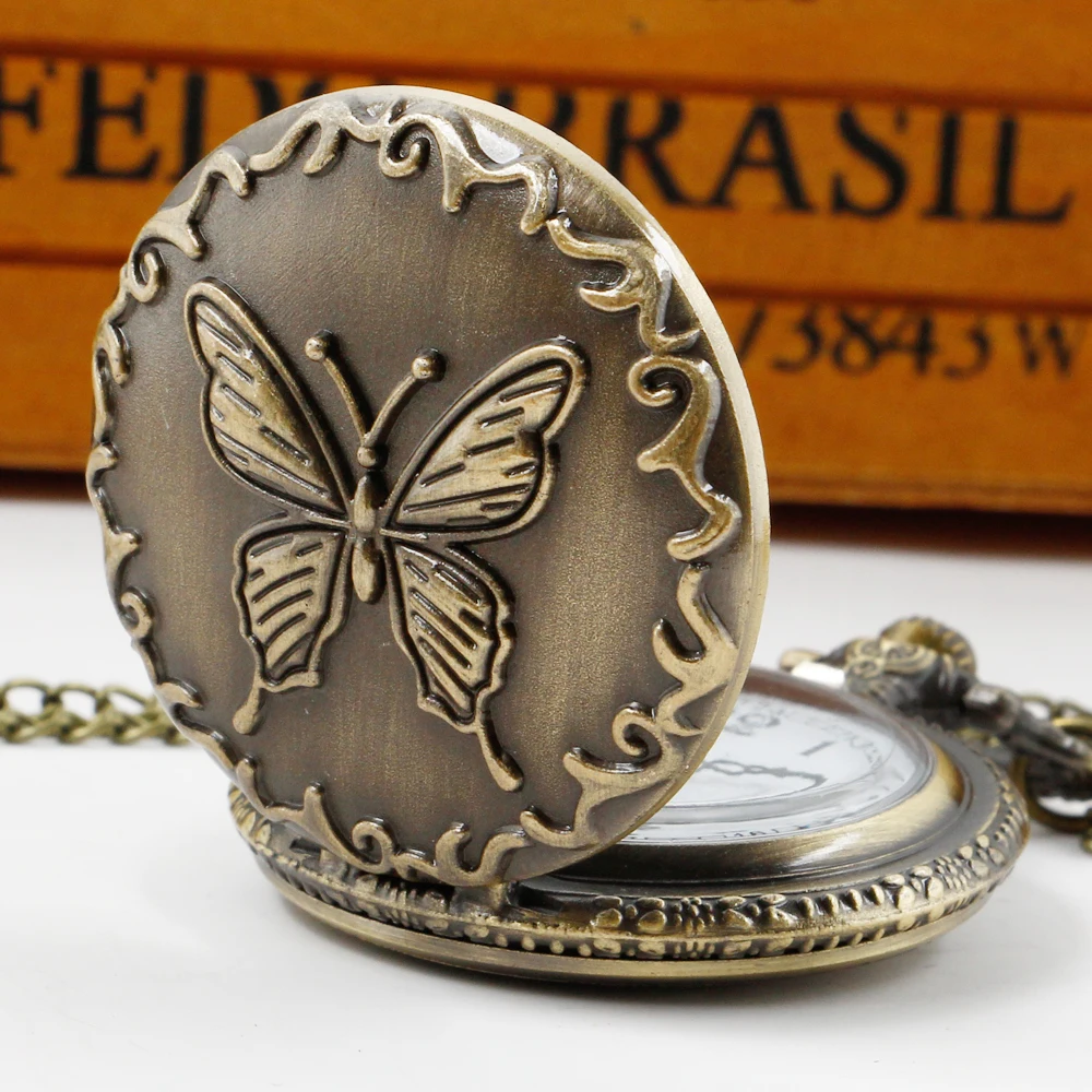 Collar de cuarzo con patrón de mariposa para mujer, serie de relojes, colgante de bronce Retro, cadena, reloj de bolsillo, regalos encantadores