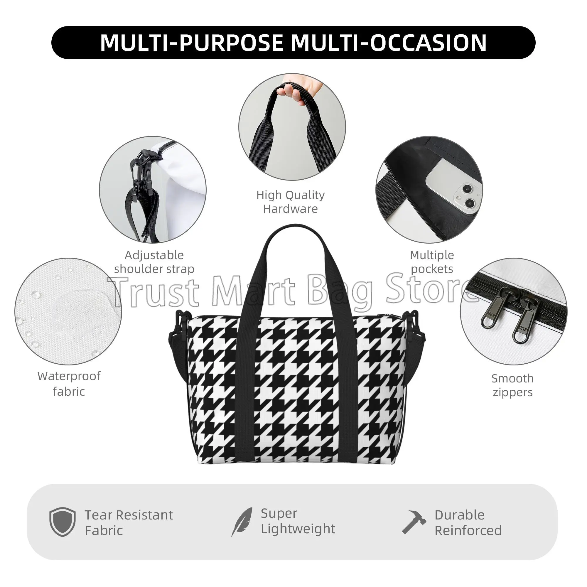 Czarno-białe torby podróżne Houndstooth Workout Casual Luggage Bag Przenośne wodoodporne torby z grubej bawełny Weekender Overnight Handbag