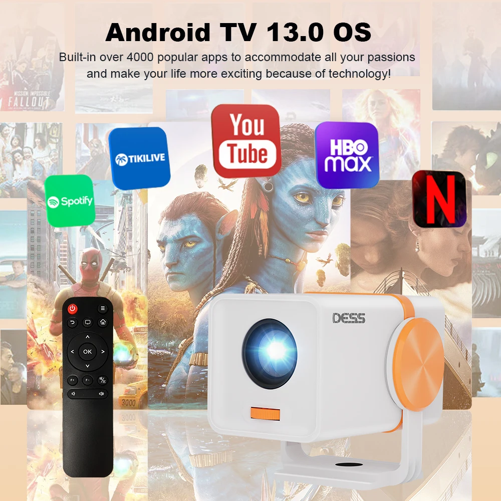 DESS 4K-Projektor Android 13 TV OS 1280 * 720P Wifi6 BT5.0 4K-Dekodierung Kino Outdoor drehbar 180 ° Tragbarer Videofilmprojektor