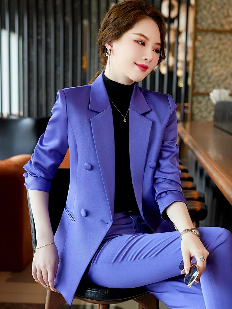 ชุดสูททำงานสีม่วงสำหรับผู้หญิง สไตล์มืออาชีพ รุ่นใหม่ล่าสุด ดีไซน์หรูหรา ชุดสูทสไตล์ประธานบริษัท ชุดทำงานแบบทางการ