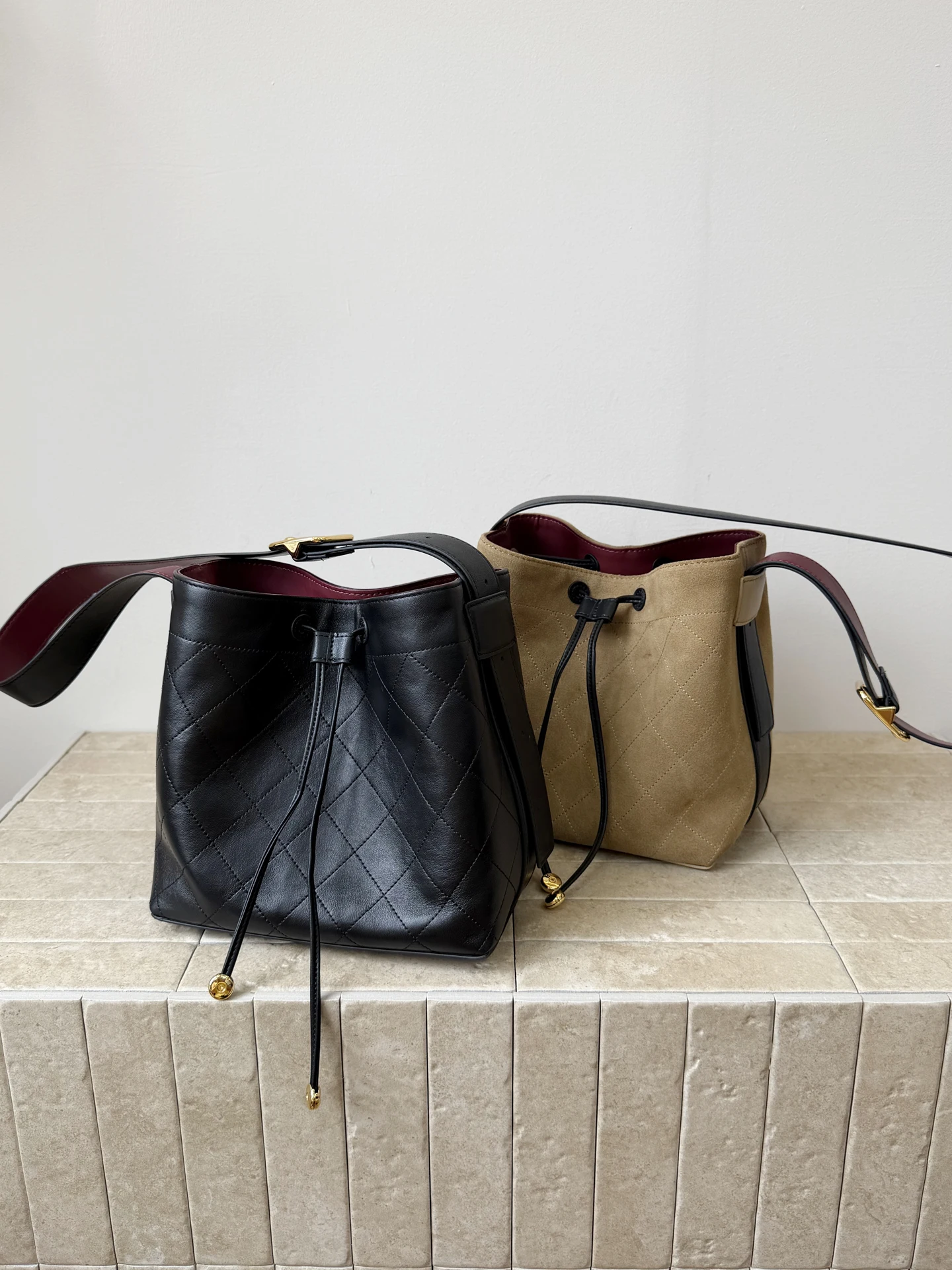 Top Layer Sheepskin And Frosted Calfskin Bucket Bag Underarm Tote Bag Drawstring Diamond Grid Single Shoulder Slant Cross Bag