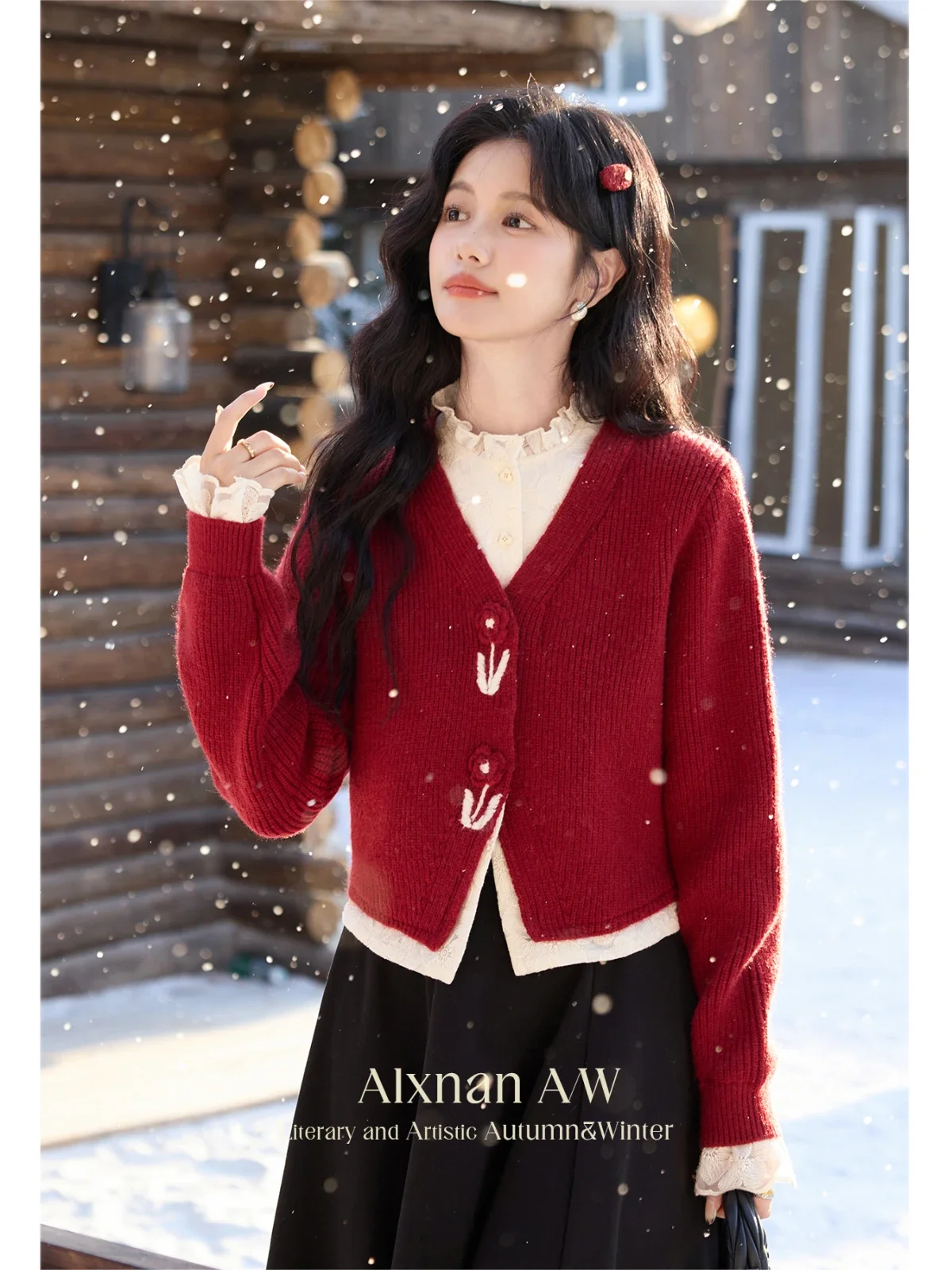 ALXNAN Women 2 in 1 Plus Size Sweaters Agaric O-neck Ruffled Cuff Crochet Chick Buttons Cardigans 2024 Winter Knitted Top D08739