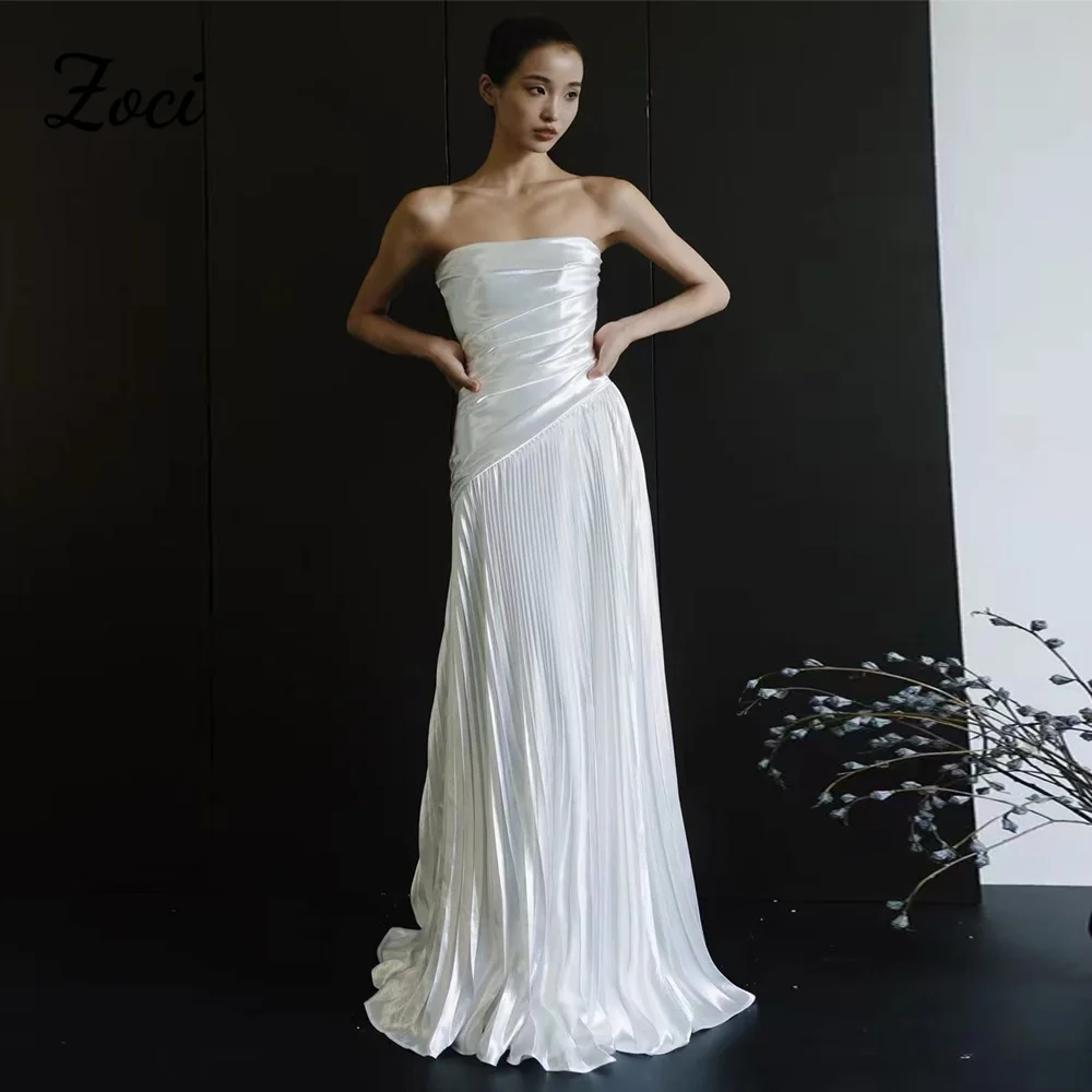Zoci Customized Pleated Satin Bride Wedding Dresses Strapless Korea Formal Bridal Gowns Bride Wedding Photo-shot Party Dress