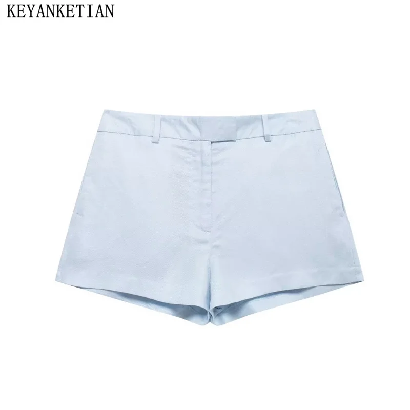 KEYANKETIAN 2024 New Women's Sky Blue Shorts Summer Fashion Simply Zipper low waist Pockets Slim Thin Office Lady Straight Pants